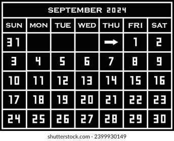 2024 september calendar template. Flat graphics of single page of wall Calendar concept isolated on black background. Week starts from friday. EPS 10.
