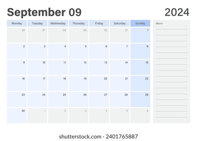 2024 September desk planner calendar weeks start on Monday in light blue and gray theme with empty line memo note space, vector design 