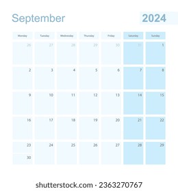 2024 September Wandplaner in blau pastellfarben, Woche beginnt am Montag. Kalender für September 2024 mit blauem Quadrat und mit dem Tag des Vorjahres und des nächsten Monats.