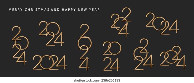 2024 set gold. Compositions from golden numbers 2024. Collection of 2024 new year symbol for calendar, flyer and banner