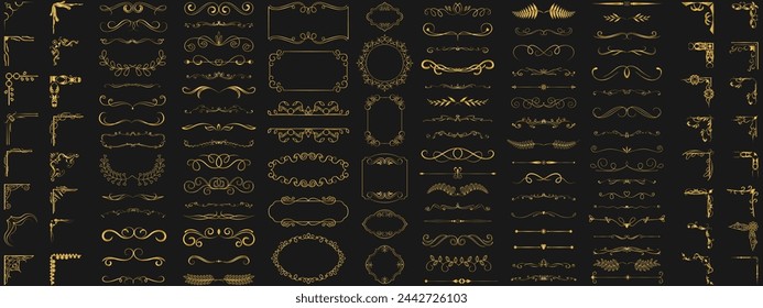 2024 Sets of gold vintage frames with beautiful filigree, decorative gold borders and corner decorations. Golden luxury realistic rectangle borders. Decorative vintage Gold frames and borders sets