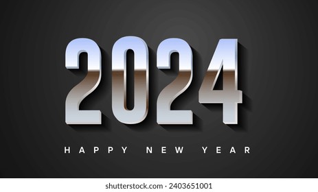 2024 silver 3d reflective metallic text numbers on dark background. happy new year greeting card design