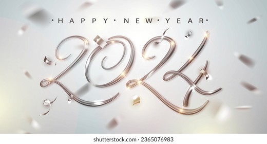 2024 silver metallic numbers with falling confetti on bright background. Merry Christmas and Happy New Year greeting card.