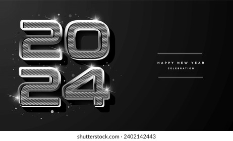 2024 números metálicos plateados con confetti en caída sobre fondo oscuro. diseño feliz de tarjeta de saludo de año nuevo