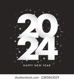 2024 silver numbers with festive confetti, stars and spiral ribbons on black background. Vector holiday illustration. Happy New Year 2024. New year ornament.
