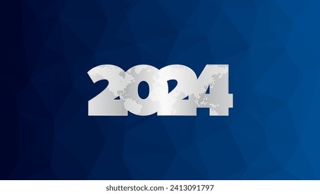 Símbolo plateado 2024 con contorno de mapa mundial. Fondo azul bajo de poli. Patrón de triángulo de degradado. Ilustración vectorial para diseño web, negocios, presentación, elemento infográfico