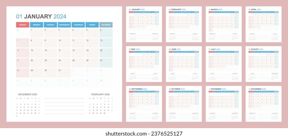 2024 Simple Calendar. The week starts on Sunday. High detail separated 12 months. Square shape planner calendar.