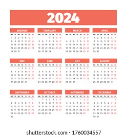 2024 Simple Calendar, weeks starts on Monday