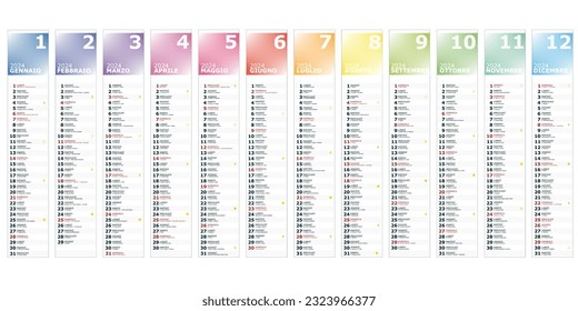 2024 single column italian calendar (12 months) with italian holidays, saints and moon phases	