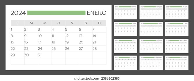 2024 Spanish calendar. Horizontal calendar. The week starts on Monday. Space for notes.
