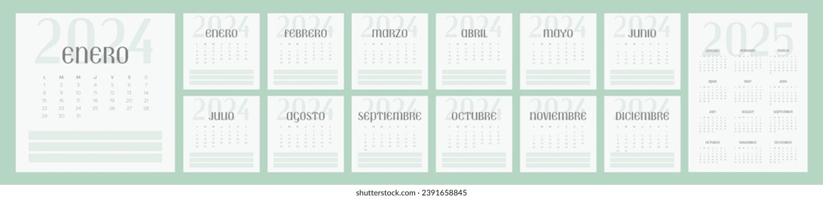 2024 Spanish calendar. Horizontal calendar. The week starts on Monday. Space for notes.