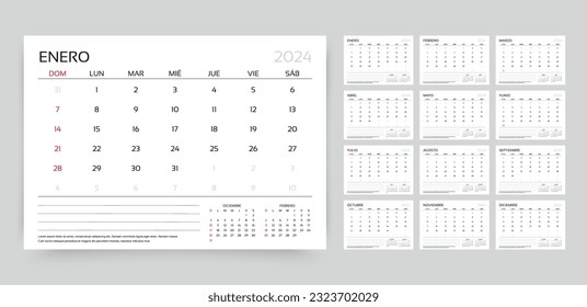 2024 Spanish calendar. Planner template. Week starts Sunday. Calender layout with 12 month. Yearly table organizer. Desk schedule grid. Horizontal monthly diary with pages. Vector simple illustration