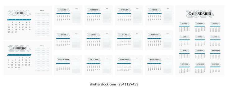 2024 Spanish calendar. Planner template. Calender layout with 12 month.Horizontal monthly desk diary. Vector simple illustration