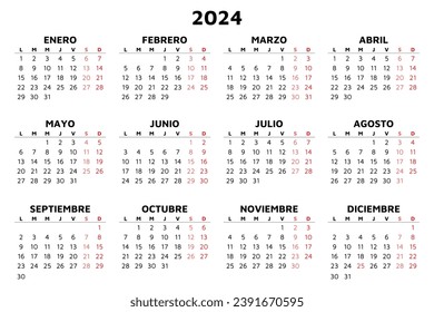 2024 spanish calendar. Simple vector template illustration in Spain. Horizontal. Plan your year