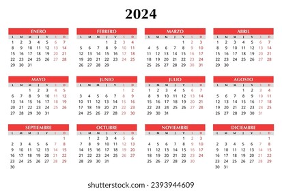 2024 spanish calendar. Simple vector template illustration in Spain. Horizontal. Plan your year