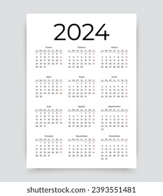 2024 Spanish calendar for year. Pocket or wall calender layout with 12 month. Week starts Monday. Yearly organizer. Scheduler template in simple design. Portrait orientation, A4. Vector illustration