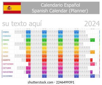 Calendario de planificadores españoles 2024 con meses horizontales sobre fondo blanco