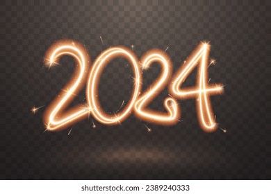 2024 sparkler sign. Firework trail with glow flare effect isolated on transparent background. Sparkling New Year number in freeze light style. Ideal for banner, flyer, poster. Vector illustration