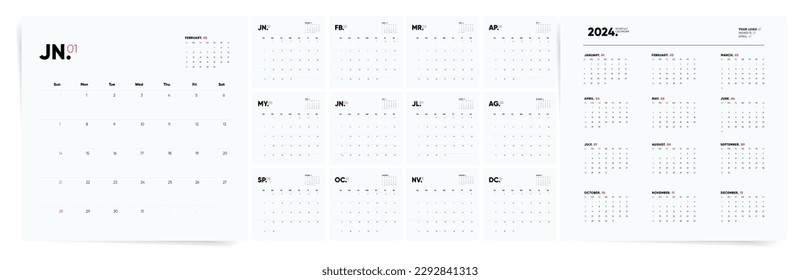 2024 Square Calendar Template. Die Woche beginnt am Sonntag. Minimaler Kalender für private und geschäftliche Nutzung. Firmenkalender oder Bürokalender. Englisch 2024 Vektorkalender Layout.