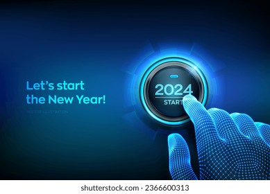 2024 start. Finger about to press a button with the text 2024 start. Happy new year. New Year two thousand and twenty three is coming concept. Vector illustration.