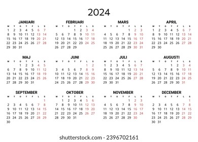 2024 swedish calendar. Printable, editable vector illustration for Sweden. 12 months year kalender. Landscape