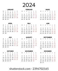 2024 swedish calendar. Printable, editable vector illustration for Sweden. 12 months year kalender. Portrait