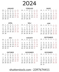 2024 swedish calendar. Printable, editable vector illustration for Sweden. 12 months year kalender. Portrait