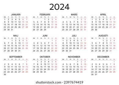 2024 swedish calendar. Printable, editable vector illustration for Sweden. 12 months year kalender. Landscape