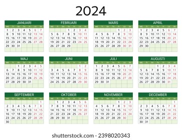 2024 swedish calendar. Printable, editable vector illustration for Sweden. 12 months year kalender. Landscape