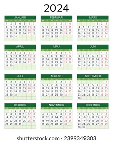 2024 swedish calendar. Printable, editable vector illustration for Sweden. 12 months year kalender. Landscape