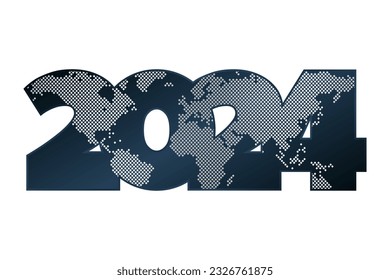 2024 Symbol mit Weltkarte. Blauer Farbverlauf-Abbildung. Vektorsymbol für Webdesign, Business, Finance, Neujahr, Präsentation
