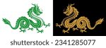 2024 symbol year. Traditional green and gold chinese dragons for greeting card, invitation in cartoon style. Vector on transparent and dark background