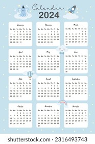 2024 table calendar week start on Sunday with cartoon that use for vertical digital and printable A4 A5 size 