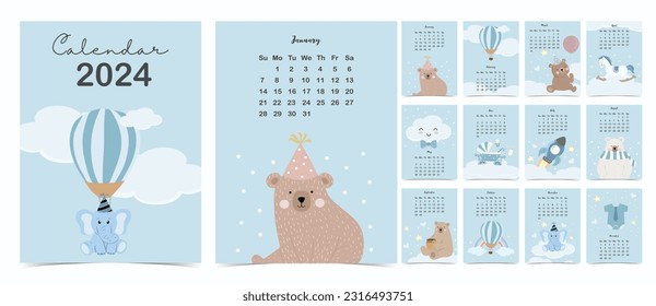 2024 table calendar week start on Sunday with cartoon that use for vertical digital and printable A4 A5 size 