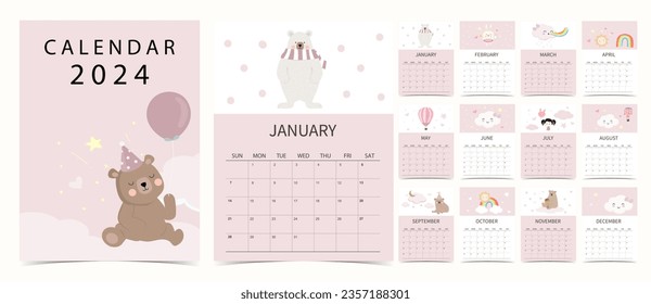 2024 table calendar week start on Sunday with bear that use for vertical digital and printable A4 A5 size