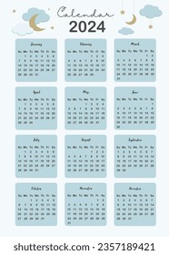 2024 table calendar week start on Sunday with moon that use for vertical digital and printable A4 A5 size
