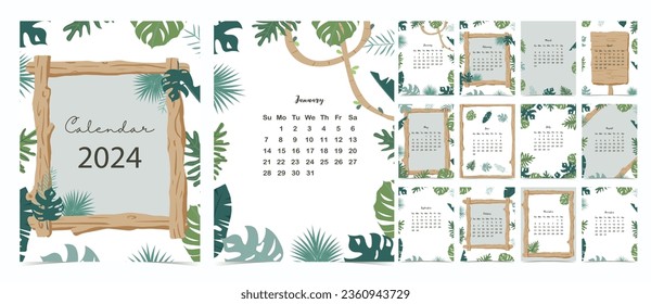 2024 table calendar week start on Sunday with leaf, safari that use for vertical digital and printable A4 A5 size