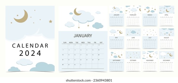 2024 table calendar week start on Sunday with moon that use for vertical digital and printable A4 A5 size