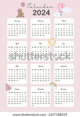 2024 table calendar week start on Sunday with cartoon that use for vertical digital and printable A4 A5 size