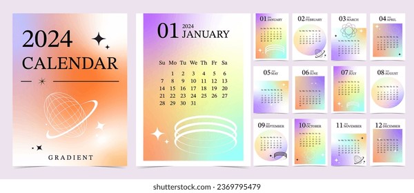 2024 table calendar year.week start on sunday with gradient style that use for vertical digital and printable A4 A5 size
