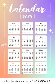2024 table calendar year.week start on sunday with gradient style that use for vertical digital and printable A4 A5 size