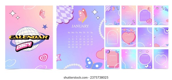 2024 table calendar year.week start on sunday with gradient style that use for vertical digital and printable A4 A5 size