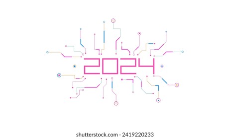 2024 Technischer Brief neues Jahr digitale Zahlentechnologie Konzept Vektorgrafik