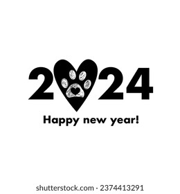 2024 text black with heart paw prints. Merry Christmas greeting card