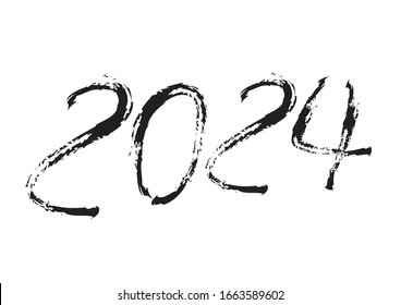 2024 text design Black color, Collection of Happy New Year and happy holidays, lettering design element, handwritten isolated on white background. Calendar 2024, Paintbrush stroke.
