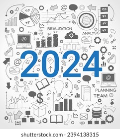 2024 text design on creative business success strategy. Concept modern template layoutю 2024 text surrounded by doodle icons