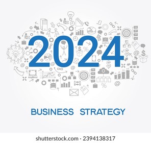 2024 text design on creative business success strategy. Concept modern template layoutю 2024 text surrounded by doodle icons