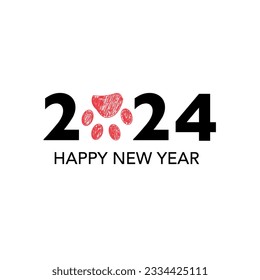 2024 text with doodle red paw print. Happy new year and merry Christmas greeting card