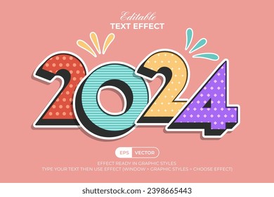 2024 Text Effect Fun Style. Editable Text Effect For New Year Celebration Banner, Background, Social Media Template