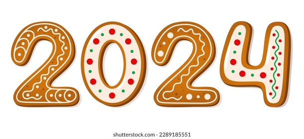 2024 text in gingerbread cookies style with multicolored icing. New Year, sweet, dessert or winter holiday theme. Vector illustration on white background. 